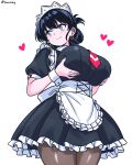  1girl absurdres alternate_costume apron arato_nagi artist_name black_dress black_hair blue_eyes breasts brown_pantyhose closed_mouth commentary cowboy_shot dress earrings english_commentary enmaided floating_earrings frilled_dress frills grabbing_own_breast happy heart heart_earrings highres jewelry large_breasts legs_together light_blush looking_to_the_side maid maid_apron maid_headdress paid_reward_available pantyhose puffy_short_sleeves puffy_sleeves ruri_no_houseki short_hair short_sleeves simple_background smile solo split_mouth standing twitter_username vewuinsky waist_apron white_background wrist_cuffs 