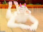 3d_(artwork) 4:3 anthro bovid caprine clothing clothing_aside colored_nails darkner deltarune digital_media_(artwork) eyes_closed femboy fur genitals goat hair hi_res horn hot_spring looking_at_viewer male mammal nails nude okamical partially_submerged pawpads pink_eyes pink_horn pink_nails ralsei sauna sitting solo steam swimming_pool undertale_(series) water white_body white_fur