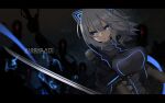  1girl animal_ears artist_name ashisi bad_id bad_pixiv_id bad_source black_bodysuit black_jacket blue_eyes bodysuit breasts cropped_jacket fake_animal_ears grey_hair grey_scarf highres holding holding_sword holding_weapon jacket original scarf sword weapon 