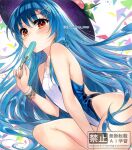  1girl alternate_costume bangle black_hat blue_hair blue_one-piece_swimsuit blush bracelet breasts chacham commentary_request eating food fruit_hat_ornament hair_ornament hat hat_ornament hinanawi_tenshi holding holding_food holding_popsicle jewelry leaf_hat_ornament long_hair looking_at_viewer one-piece_swimsuit peach_hat_ornament popsicle red_eyes small_breasts solo swimsuit thighs touhou traditional_media twitter_username very_long_hair watermark white_one-piece_swimsuit x_hair_ornament 