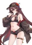  00nanona 1girl alternate_costume bikini breasts brown_hair brown_jacket brown_shorts clenched_teeth commentary_request flower-shaped_pupils genshin_impact highres holding holding_whistle hu_tao_(genshin_impact) jacket long_hair medium_breasts micro_shorts navel off_shoulder open_fly red_bikini red_eyes shorts simple_background solo stomach swimsuit symbol-shaped_pupils teeth twintails visor_cap whistle white_background 