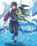  1boy absurdres animal_on_arm belt belt_buckle bird bird_on_arm black_hair black_jacket black_pants black_socks blue_eyes buckle buttons closed_mouth commentary_request crow demon_slayer_uniform fingernails hair_between_eyes hand_up haori high_collar highres jacket japanese_clothes kakusiinuko kanzaburou_(kimetsu_no_yaiba) katana kikkoumon kimetsu_no_yaiba long_hair low_ponytail male_focus pants ponytail print_haori red_haori sandals socks solo spiked_hair sword tomioka_giyuu water weapon white_belt 