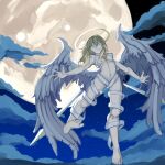  1girl absurdres angel angel_wings barefoot belly blonde_hair blue_eyes breasts chiwonagasukujira_(ehihgdwqed87973) clothing_request cloud cloudy_sky crazy_eyes double-parted_bangs feathered_wings flying from_below halo highres long_hair looking_at_viewer looking_down lucifina_(angelic_dominion)_(mon-musu_quest!) mon-musu_quest! mon-musu_quest:_paradox moon navel night outstretched_arms parted_lips partially_shaded_face sky small_breasts solo star_(sky) starry_sky underboob wings yellow_halo 