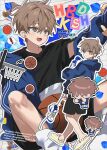  1boy absurdres aged_down ball basketball_(object) black_shorts blue_hoodie brown_eyes brown_hair chibi chibi_inset chu_yeon crocs full_body garbage_time highres holding holding_shoes holding_unworn_clothes hood hoodie ki_sangho mole mole_under_eye multiple_views outline shoelaces shoes shorts socks solo sticker unworn_shoes white_outline white_socks 