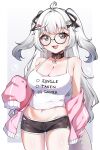  1girl :d absurdres ahoge black_collar black_ribbon black_shorts breasts cleavage collar fish_hair_ornament glasses grey_eyes grey_hair hair_ornament hair_ribbon hairclip highres jacket large_breasts long_hair looking_at_viewer midriff navel open_mouth pink_jacket ribbon round_eyewear shorts smile snoozy_(vtuber) socks_agency solo tank_top thighs valella_moon virtual_youtuber white_background white_tank_top 
