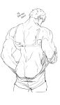  1boy ass back back_focus back_muscles bara beard chinstrap_beard commentary_request cropped_legs facial_hair from_behind greyscale hebaron_nirta highres korean_commentary korean_text male_focus mature_male monochrome muscular muscular_male sharks_line3 short_hair shredded_muscles sideburns_stubble simple_background singlet solo stubble thick_eyebrows translation_request under_the_oak_tree undressing wavy_hair 