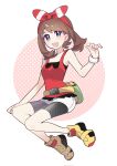  1girl :d bare_shoulders bike_shorts bike_shorts_under_shorts black_shorts blush bow bow_hairband bracelet breasts brown_hair commentary english_commentary fanny_pack full_body grey_eyes hair_bow hairband highres jewelry may_(pokemon) open_mouth pokemon pokemon_omega_ruby_and_alpha_sapphire red_bow red_hairband red_shirt shirt shocho_(shaojiujiu) shoes shorts simple_background sleeveless sleeveless_shirt small_breasts smile solo teeth upper_teeth_only white_shorts yellow_shoes 