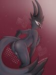 absurd_res anthro avian backsack balls black_sclera butt demon fluffy fluffy_chest genitals grey_body hand_on_butt hellaverse helluva_boss hi_res looking_at_viewer male paimon_(helluva_boss) rear_view roxyvaldraws simple_background smile smiling_at_viewer solo tail