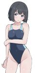  1girl :o absurdres arm_under_breasts ass_visible_through_thighs bare_arms bare_shoulders black_hair blue_eyes blue_one-piece_swimsuit blush breasts collarbone commentary_request covered_navel groin highleg highleg_one-piece_swimsuit highres looking_at_viewer medium_breasts one-piece_swimsuit original parted_lips short_hair simple_background small_sweatdrop solo sweat swimsuit temari_rin white_background 