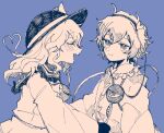  2girls black_hat blush contrast_collar disembodied_linked_eye eyeball hairband hat heart heart_of_string heart_ornament heart_print itomugi-kun komeiji_koishi komeiji_satori long_sleeves looking_at_another multiple_girls open_mouth partially_colored shirt short_hair siblings sisters skirt smile touhou wide_sleeves 