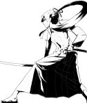 1girl bushidou_(sekaiju) bushidou_2_(sekaiju) chest_sarashi commentary_request flat_chest floating_hair greyscale hair_ribbon hakama hakama_skirt high_ponytail holding holding_sheath holding_sword holding_weapon japanese_clothes katana long_hair looking_ahead monochrome navel ponytail profile ribbon sandals sarashi sekaiju_no_meikyuu sekaiju_no_meikyuu_1 sheath sidelocks simple_background skirt solo sword toritori weapon white_background 