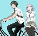  1boy 1girl :d absurdres ahoge artist_request bad_id bad_pixiv_id bicycle black_pants black_shirt breasts brown_skirt brown_thighhighs collared_shirt danganronpa_(series) danganronpa_2:_goodbye_despair dress_shirt from_side green_background green_necktie hair_ornament highres hinata_hajime large_breasts medium_hair miniskirt nanami_chiaki neck_ribbon necktie no_jacket on_bicycle pants pink_hair pink_ribbon pleated_skirt ribbon riding riding_bicycle shirt short_sleeves simple_background skirt smile thighhighs two-tone_shirt white_shirt 