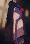  1girl absurdres bare_shoulders blue_eyes blunt_bangs blush braid braided_base bun_with_braided_base commentary cyansanu double_bun english_commentary flat_chest flower hair_bun hair_flower hair_ornament highres hololive hololive_english holomyth japanese_clothes kimono long_hair long_sidelocks looking_at_viewer ninomae_ina'nis ninomae_ina'nis_(new_year) off_shoulder official_alternate_costume official_alternate_hairstyle pointy_ears print_kimono purple_hair purple_kimono sidelocks solo straight_hair upper_body virtual_youtuber 