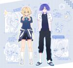  ! 1boy 1girl ^^^ alternate_costume animal_ears arm_at_side arms_at_sides arms_behind_back arrow_(symbol) bishounen black_pants black_shirt black_shorts black_sleeves black_slippers blonde_hair blouse blunt_ends breast_pocket cat_boy cat_ears chibi chibi_inset closed_mouth clothes_around_waist collared_shirt contemporary cowlick drawn_ears drawstring eyeliner feather_necklace feathers flower full_body genshin_impact grey_background grey_jacket grid_background hair_between_eyes hair_flower hair_intakes hair_ornament hairclip hand_in_pocket hand_on_own_face heart height_difference highres jacket jacket_around_waist jewelry kneehighs korean_text layered_shirt looking_at_another lumine_(genshin_impact) makeup necklace open_clothes open_mouth open_shirt outline outstretched_arm pants pink_outline pleated_skirt pocket pom_pom_(clothes) puff_of_air purple_eyes purple_hair purple_outline rabbit_ears rabbit_girl red_eyeliner scaramouche_(cat)_(genshin_impact) scaramouche_(genshin_impact) school_uniform shirt shoes short_hair short_hair_with_long_locks short_sleeves shorts sia37068010 sidelocks sideways_glance skirt slippers smile smirk socks spoken_exclamation_mark spoken_heart standing string t-shirt tareme translation_request tsurime twitter_username white_flower white_outline white_shirt white_shoes white_sleeves white_socks wispy_bangs yellow_eyes yellow_feathers yellow_outline 