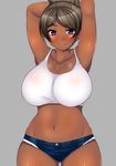  1girl arms_behind_head arms_up artist_request asahina_aoi blue_eyes blush breasts brown_hair cleavage curvy danganronpa dark_skin hair_ornament huge_breasts large_breasts looking_at_viewer myougi_kuraganosuke navel plump shorts simple_background smile solo thick_thighs wide_hips 