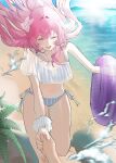 1boy 1girl absurdres beach bikini blue_bikini breasts commentary_request crop_top cyrene_(demiurge)_(honkai:_star_rail) cyrene_(honkai:_star_rail) highres holding holding_swim_ring honkai:_star_rail honkai_(series) long_hair medium_breasts navel ocean outdoors pink_hair pov pov_hands scrunchie smile stomach swim_ring swimsuit thighs very_long_hair water wrist_scrunchie yunyame 