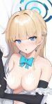  1girl arukamikad black_gloves blonde_hair blue_archive blue_eyes blue_hair blush breasts collar commentary_request dakimakura_(medium) detached_collar elbow_gloves fingerless_gloves gloves halo highres long_hair looking_at_viewer lying medium_breasts multicolored_hair on_side open_mouth solo toki_(blue_archive) two-tone_hair very_long_hair white_collar 