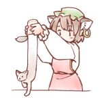  1girl animal_ear_fluff animal_ear_piercing animal_ears brown_hair cat cat_ears chen earrings green_hat hat holding hoop_earrings jewelry long_sleeves lowres mob_cap rangycrow red_skirt red_vest shirt single_earring skirt solo touhou vest white_shirt 