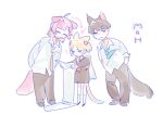  1girl 2boys :3 =_= ? adapted_uniform animal_ears anyoji_hime aqua_necktie arrow_(symbol) blonde_hair blue_eyes blue_hair breast_pocket brown_dress brown_hair brown_pants cat_boy cat_ears cat_girl cat_tail closed_eyes closed_mouth collared_shirt commentary dog_boy dog_ears dog_tail dress flower frown fujishima_megumi full_body genderswap genderswap_(ftm) gradient_hair hair_flower hair_ornament hasu_no_sora_school_uniform height_difference holding holding_paper initial jitome kemonomimi_mode leaning_to_the_side long_hair long_sleeves love_live! love_live!_hasu_no_sora_jogakuin_school_idol_club medium_hair mira-cra_park! multicolored_hair multiple_boys neckerchief necktie necktie_in_pocket osawa_rurino pants paper parted_bangs pink_flower pink_hair pipi_(m1x_mix) pocket purple_eyes red_neckerchief sailor_collar sailor_dress school_uniform shirt short_hair simple_background tail twintails untranslatable_commentary very_short_hair virtual_youtuber white_background white_sailor_collar white_shirt winter_uniform yellow_necktie 