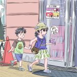  1boy 1girl animal_bag bag bear_bag black_hair blue_shorts bucket_hat child commentary_request crocs dmohashi green_hat green_skirt hair_ornament hair_scrunchie hat holding_hands mcdonald's original ponytail purple_scrunchie scrunchie shirt short_sleeves shorts shoulder_bag skirt sunglasses traffic_cone wrist_scrunchie 