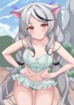  1girl animal_ears bikini bikini_skirt black_streaks blue_archive blue_halo braid breasts collarbone commentary cowboy_shot gingham_bikini gingham_clothes green_bikini green_one-piece_swimsuit halo hands_on_own_hips highres kokona_(blue_archive) kokona_(swimsuit)_(blue_archive) korean_commentary looking_at_viewer low_twin_braids multicolored_hair navel official_alternate_hairstyle one-piece_swimsuit pcreambang plaid_bikini plaid_clothes pout solo strap_slip streaked_hair swimsuit tiger_ears tiger_girl twin_braids 
