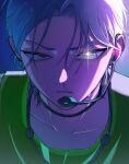  1boy 28_niya_llo alien_stage blood choker commentary_request glowing glowing_eye grey_choker grey_hair headset highres male_focus microphone nosebleed parted_lips portrait short_hair solo till_(alien_stage) 