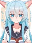  1girl ahoge anchor_symbol animal_ear_fluff animal_ears black_sailor_collar blue_eyes blue_hair blush border collarbone commentary_request fang fangs fox_ears fox_girl hair_between_eyes hibiki_(kancolle) highres kantai_collection long_hair long_sidelocks long_sleeves looking_at_viewer missing_headwear neckerchief orange_background outline outside_border red_neckerchief sailor_collar shirt sidelocks simple_background smile solo tesura_(teslamk2) translation_request upper_body white_border white_outline white_shirt 