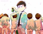  beanie beer_can brothers brown_hair can carrying cherry_blossoms drinking formal from_behind hand_in_pocket hat holding holding_can jacket jacket_over_shoulder jacket_removed looking_at_viewer looking_back male_focus matsuno_choromatsu matsuno_ichimatsu matsuno_juushimatsu matsuno_karamatsu matsuno_osomatsu matsuno_todomatsu mone_(14ri0000) multiple_boys necktie open_clothes open_jacket osomatsu-kun osomatsu-san petals piggyback sextuplets siblings smile suit twitter_username 