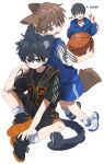  3boys absurdres aged_down animal_ears ball basketball_(object) basketball_jersey basketball_shorts basketball_uniform black_eyes black_hair black_shoes black_shorts black_tank_top blue_hoodie blue_shoes blue_shorts blue_tank_top blush brown_eyes brown_hair cat_boy cat_ears cat_tail choi_jongsu chu_yeon dog_boy dog_ears dog_tail garbage_time head_rest highres holding holding_ball hood hood_down hoodie kemonomimi_mode ki_sangho looking_at_another lower_eyelashes_only mole mole_under_eye multicolored_shoes multiple_boys number_print orange_trim park_byeongchan shoes shorts simple_background sitting smile sneakers socks sportswear tail tank_top two-tone_shoes v white_background white_shoes white_socks white_trim 