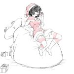  1girl alternate_costume artist_request black_hair breasts candy candy_cane food full_body gift hair_over_one_eye highres nazo_no_kanojo_x saliva santa_costume short_hair solo thighhighs urabe_mikoto 