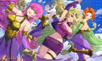  4girls animal_feet animal_hands bare_shoulders blonde_hair blue_hair breasts claws cleavage commentary_request corset cropped_jacket duel_monster green_eyes harpie_lady harpie_lady_1 harpie_lady_2 harpie_lady_3 harpie_lady_sisters harpy highres hsin kujaku_mai large_breasts leotard long_hair medium_hair miniskirt monster_girl multiple_girls one_eye_closed orange_hair pantyhose pointy_ears purple_eyes skirt sleeveless sleeveless_jacket watermark winged_arms wings yu-gi-oh! yu-gi-oh!_duel_monsters 