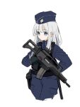  1girl assault_rifle averting_eyes black_vest blue_eyes blue_jacket blue_pants bulletproof_vest commentary_request cowboy_shot cropped_legs frown garrison_cap grey_hair gun h&amp;k_g36 handgun hat holding holding_gun holding_weapon holster jacket long_hair magazine_(weapon) muzzle_device original pants rifle scope sidelocks simple_background solo standing tobimatsu_mutsutarou vest weapon white_background 