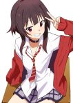 1girl absurdres adapted_costume belt_collar black_hair cardigan collar collarbone commentary diagonal-striped_clothes diagonal-striped_necktie grin gyaru hand_up highres kono_subarashii_sekai_ni_shukufuku_wo! looking_at_viewer loose_clothes megumin necktie on_table orange_necktie pink_cardigan purple_skirt red_eyes red_necktie red_prison_magic_school_uniform ryo4423 school_uniform shirt short_hair_with_long_locks simple_background sitting skirt sleeves_past_wrists smile solo striped_clothes striped_necktie table two-tone_necktie v white_background white_shirt 