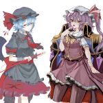  2girls alternate_color artist_collaboration ascot back_bow bandaged_arm bandages bat_wings black_coat black_hat black_shirt black_skirt blue_hair bow bowtie brooch brown_pantyhose coat coat_on_shoulders collared_shirt commentary_request crystal crystal_wings epaulettes flandre_scarlet flandre_scarlet_(vampire_pursuing_the_hunter) frilled_shirt_collar frilled_skirt frills fringe_trim hat hat_ribbon highres jewelry kanaria_(bcomn) looking_at_viewer mob_cap multicolored_wings multiple_girls one_side_up open_mouth paint_chat_(medium) pantyhose pointy_ears puffy_short_sleeves puffy_sleeves red_ascot red_bow red_eyes red_ribbon red_skirt red_vest remilia_scarlet remilia_scarlet_(tiny_devil_mistress) ribbon shirt short_sleeves siblings simple_background sisters skirt smile striped_clothes striped_pantyhose tomura_amane touhou touhou_lostword vertical-striped_clothes vertical-striped_pantyhose vest white_background white_hat wings yellow_bow yellow_bowtie 