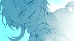  2girls blue_theme commentary_request crying crying_with_eyes_open cuffs fang gradient_background looking_at_viewer mahou_shoujo_no_majo_saiban multiple_girls nox_laurant open_mouth pov pov_hands shackles shito_alisa short_hair simple_background skin_fang smile solo_focus strangling tears teeth 