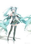  1girl absurdres ahoge bare_shoulders black_boots black_skirt black_sleeves blue_eyes blue_hair blue_necktie boots breasts collared_shirt commentary detached_sleeves double-parted_bangs full_body grey_shirt hair_between_eyes hatsune_miku high_heel_boots high_heels highres ioioiiouu long_hair long_sleeves miniskirt necktie open_mouth pleated_skirt shirt simple_background skirt sleeveless sleeveless_shirt small_breasts solo standing thigh_boots tie_clip twintails very_long_hair vocaloid white_background zettai_ryouiki 