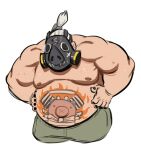  1boy bara big_belly black_nails cowboy_shot cropped_legs fat fat_man gas_mask hands_on_own_hips kalium_(jojajoja99999) large_pectorals looking_at_viewer male_focus mask muscular muscular_male nipples overwatch pants pectorals pig_tattoo ponytail roadhog_(overwatch) solo standing stomach_tattoo strongman_waist tattoo topless_male white_hair x_navel 
