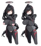  1girl black_bodysuit black_hair black_halo blue_archive blunt_bangs blush bodysuit breasts bright_pupils closed_mouth commentary_request female_pubic_hair gun hair_ornament halo handgun highres holding holding_gun holding_weapon kuyokuyo large_breasts long_hair looking_at_viewer nipples official_alternate_costume official_alternate_hairstyle parted_lips partial_commentary ponytail pubic_hair pussy red_eyes rio_(armed)_(blue_archive) rio_(blue_archive) sidelocks simple_background skin_tight standing very_long_hair weapon white_background 