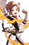  1girl absurdres animal_ears belt breasts brown_hair commentary_request fake_animal_ears fake_tail fire highres kagamiwor magical_girl mahou_shoujo_ikusei_keikaku mahou_shoujo_ikusei_keikaku_restart open_mouth orange_eyes smile spacesuit tail yumenoshima_genopsycho 