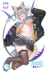  1girl absurdres animal_ear_fluff animal_ears bandaid bandaid_hair_ornament bikini bikini_under_clothes black_jacket black_shorts black_thighhighs blonde_hair blue_bikini blue_hair blue_hairband blue_scrunchie blue_wings breasts color_guide commentary demon_wings dog_ears dog_girl dog_tail doom_yorusen english_commentary fake_horns fuwawa_abyssgard hair_intakes hair_ornament hair_scrunchie hairband hairclip half-closed_eyes highres hololive hololive_english horn_hairband horns jacket leather leather_jacket looking_at_viewer mococo_abyssgard multicolored_hair navel one_eye_closed open_clothes open_jacket parallel_hairclips red_eyes scrunchie short_hair short_shorts shorts side-tie_bikini_bottom solo sparkle streaked_hair swimsuit tail thighhighs torn_clothes torn_thighhighs two_side_up v virtual_youtuber wings 