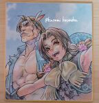  1boy 1girl :d abs artist_name blue_vest brown_eyes cheekbones colored_pencil colored_pencil_(medium) commentary_request gloves headband highres kotonoha_kasumi lily_hawk muscular muscular_male open_clothes open_vest pectorals pencil scarf sleeveless smile street_fighter street_fighter_6 thunder_hawk traditional_media twintails twitter_username upper_body vest white_facepaint 