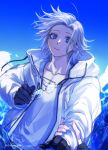  1boy 1other aotsuki_eito black_gloves blue_eyes commentary_request glasses gloves grey_hair highres holding holding_another's_wrist holding_removed_eyewear jacket looking_at_viewer male_focus open_mouth raised_eyebrows seiran_yoroz shirt sky solo the_hundred_line_-last_defense_academy- unworn_eyewear water white_jacket 