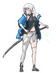  1girl absurdres asymmetrical_legwear black_shirt blue_eyes blue_jacket breasts closed_mouth commentary crossed_bangs denim double-parted_bangs eiyuu_densetsu english_commentary full_body hair_between_eyes hand_on_own_hip highres jacket jeans kuro_no_kiseki_(series) kuro_no_kiseki_ii long_hair midriff_peek navel ootachi open_clothes open_jacket pants partially_unbuttoned r_thors shirt shizuna_rem_misurugi simple_background sketch sleeveless sleeveless_shirt smile solo standing sword sword_tassel tachi-e tassel torn_clothes torn_jeans torn_pants weapon weapon_tassel white_background white_hair white_pants windbreaker 