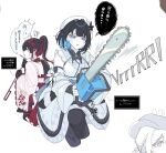  3girls beret black_bow black_bowtie black_hair blue_eyes bow bowtie braid chainsaw commentary_request deerstalker detached_sleeves flower flower_ornament hair_ornament hair_rings hat highres hime_cut holding holding_chainsaw japanese_clothes kokubote829 lolita_fashion long_hair long_sleeves looking_at_another looking_at_viewer magical_girl mahou_shoujo_no_inshuu_mura mahou_shoujo_no_majo_saiban mikage_rizu multicolored_hair multiple_girls nikaido_hiro obi open_mouth red_eyes red_hair sash short_hair simple_background sketch tachibana_sherry translation_request wa_lolita white_background white_flower wide_sleeves 