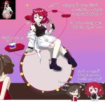  2girls absurdres alternate_costume black_gloves black_shirt black_shoes brown_eyes brown_hair commentary dress drum drum_set english_commentary english_text fingerless_gloves gloves grin hair_ornament hakoretto highres horikawa_raiko instrument lyrica_prismriver multiple_girls necktie pink_background plaid_clothes plaid_shirt purple_background purple_necktie red_dress red_eyes red_hair reference_inset shirt shoes short_hair shorts shoulder_tattoo smile solo_focus star_(symbol) star_hair_ornament taiko_drum tattoo touhou white_shorts yuri zun_(artist) 