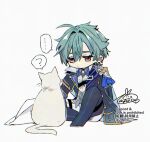  ... 1boy ? ahoge aqua_eyes aqua_hair armor artist_name blue_boots blue_cape blue_coat blue_shirt boots cape cat chibi chibi_only closed_mouth coat collared_shirt crossed_bangs earrings expressionless genshin_impact gold_trim grey_vest hair_between_eyes hair_intakes jewelry jitome knee_up lapels lohen_(genshin_impact) long_sleeves looking_at_animal male_focus mole mole_under_eye multicolored_eyes naho_(pi988y) open_clothes open_coat pants pauldrons red_eyes shirt short_hair shoulder_armor signature simple_background single_earring single_pauldron sitting solo speech_bubble spoken_ellipsis spoken_question_mark thigh_boots thigh_strap twitter_username vest watermark white_background white_cat white_pants white_shirt wing_collar 