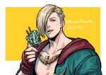  1boy blonde_hair blue_eyes dated ed_(street_fighter) fingerless_gloves gloves green_jacket hair_over_one_eye holding holding_ice_cream_cone ice_cream_cone jacket kotonoha_kasumi licking_lips male_focus open_clothes open_jacket short_hair solo street_fighter street_fighter_6 tongue tongue_out twitter_username yellow_background 