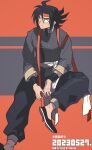  1boy black_hair black_pants black_shoes bracer chinese_clothes closed_mouth commentary_request dated domon_kasshu flats forked_eyebrows g_gundam grey_shirt gundam headband invisible_chair long_sleeves looking_to_the_side male_focus multiple_boys pants red_eyes red_headband sasaki_tomomi shirt shoes short_hair simple_background sitting smile solo spiked_hair tangzhuang twitter_username 