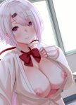  1girl absurdres bow bowtie breasts breasts_out cardigan classroom cleavage closed_mouth commentary hair_ornament hair_ribbon hairclip hand_on_own_chest highres indoors large_breasts long_hair looking_at_viewer low_ponytail nijisanji nipples partially_open_cardigan pink_eyes ponytail red_bow red_bowtie red_ribbon ribbon school selfie shiina_yuika shiina_yuika_(1st_costume) sleeves_past_wrists smile solo virtual_youtuber white_hair window zabudog777 