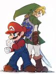  2boys agua_mp back-to-back blonde_hair blue_eyes blue_overalls boots brown_boots brown_gloves brown_hair champion's_tunic_(zelda) clenched_hands facial_hair fighting_stance fingerless_gloves full_body gloves green_hat green_tunic hat highres holding holding_sword holding_weapon link male_focus mario mario_(series) multiple_boys mustache overalls pants parted_bangs phrygian_cap pointy_ears red_hat red_shirt shield shield_on_back shirt short_hair smile standing super_smash_bros. sword the_legend_of_zelda tunic weapon white_background white_gloves white_pants 